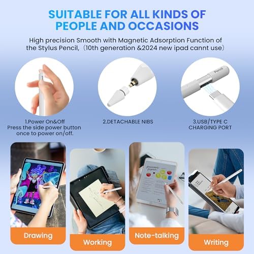 Stylus Pen for iPad 6th 11th Generation  10 Mins Fast Charge with Tilt Sensitivity & Palm Rejection  Compatible with Apple iPad 2018 2025  iPad Air 3/4/5/M2/M3  iPad mini 5/6  iPad Pro 11/12 9/M4