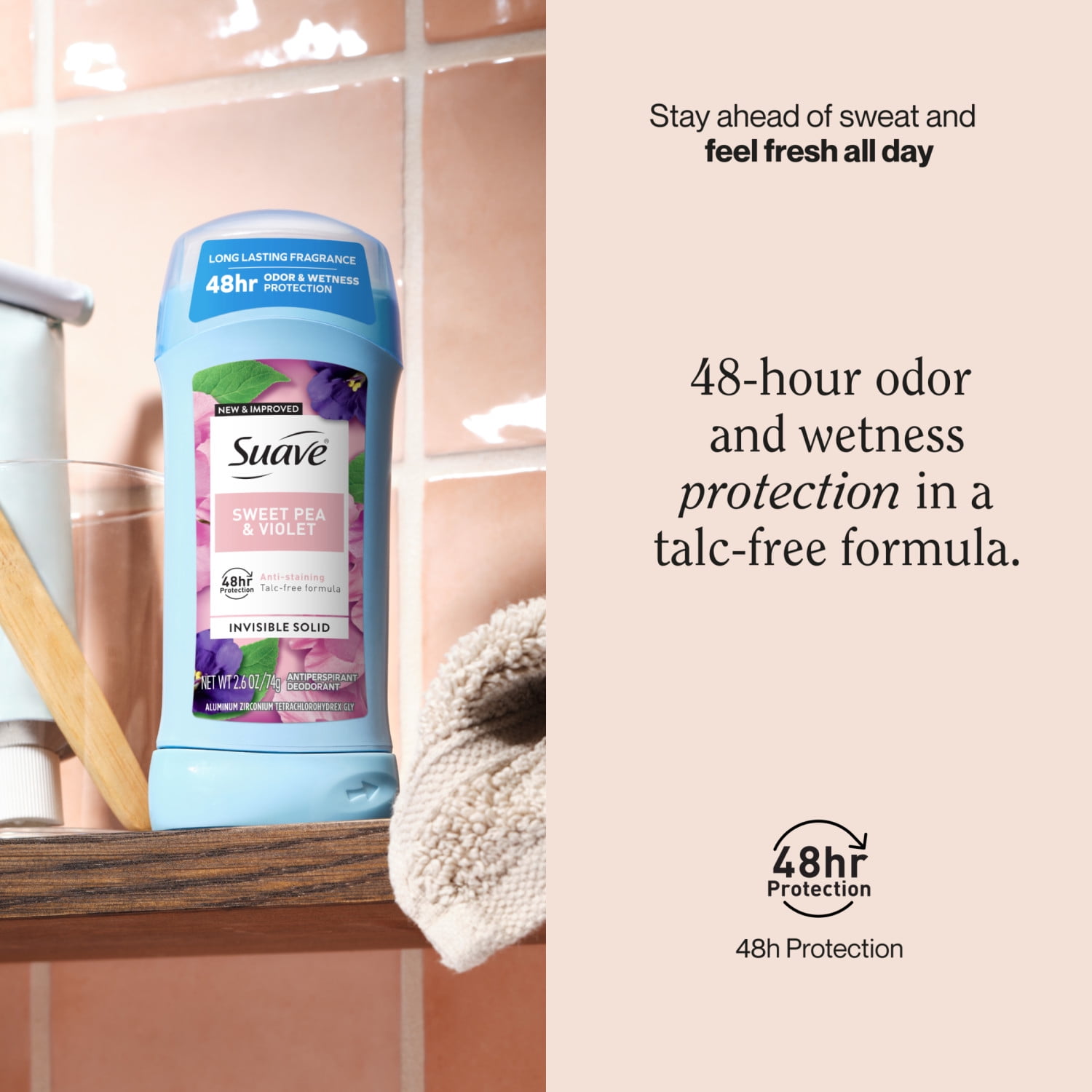 Suave Desodorante Antitranspirante Femenino, Protección 48 Horas Guisante Dulce y Violeta, 2.6 oz, 2 Pk