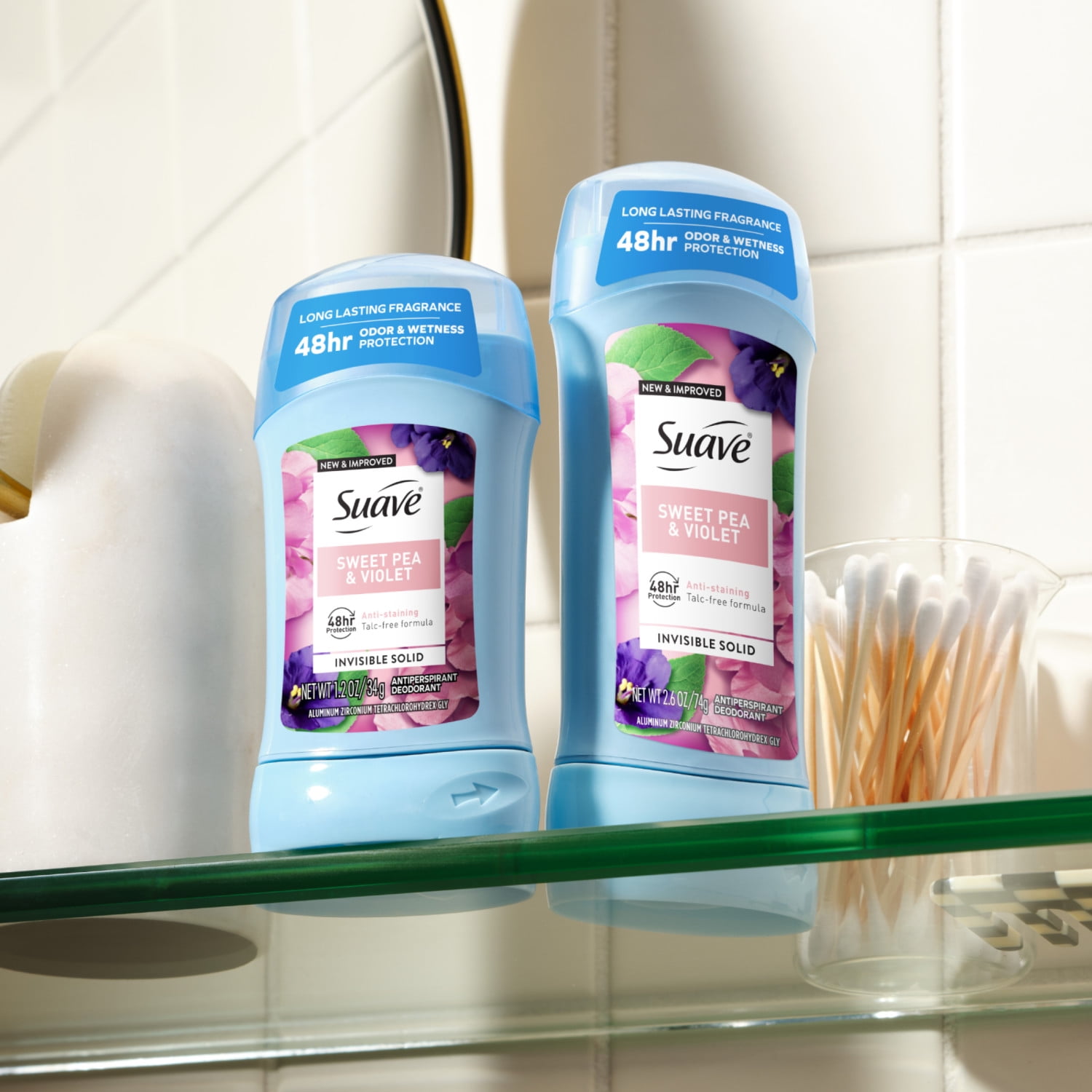 Suave Desodorante Antitranspirante Femenino, Protección 48 Horas Guisante Dulce y Violeta, 2.6 oz, 2 Pk