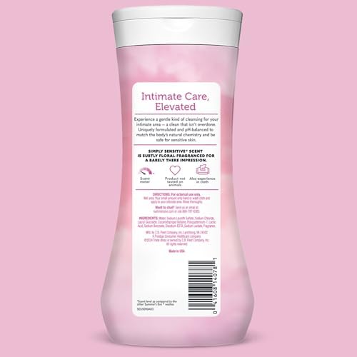 Summers Eve Simply Sensitive All Over Daily Feminine Wash  Gentle pH Balanced Body Wash for Women  Removes Vaginal Odor  15 Fl Oz