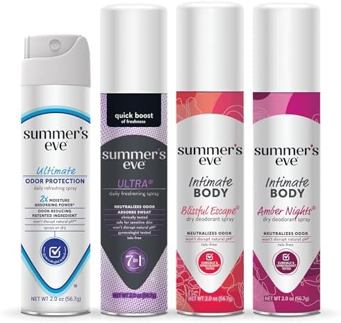 Summers Eve Ultimate Odor Control Daily Feminine Spray  Odor Reducing and Moisture Absorbing Formula  Ultimate Odor Protection  Ultra  Blissful Escape  & Amber Nights; 2 Oz  Pack of 4