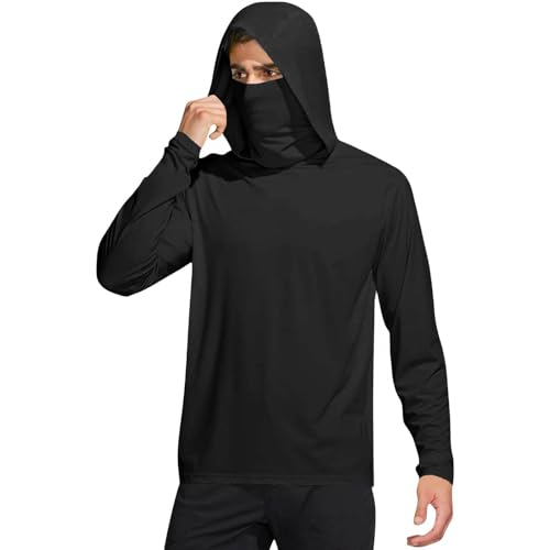 Sun Shirt Men UPF 50  Rash Guard Long Sleeve Cooling Fishing Hiking Hooded Lightweight UV SPF with Mask Tops