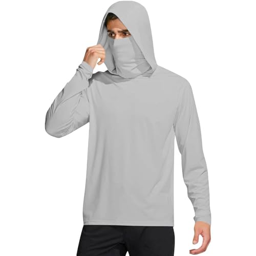 Sun Shirt Men UPF 50  Rash Guard Long Sleeve Cooling Fishing Hiking Hooded Lightweight UV SPF with Mask Tops