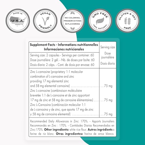 SuperSmart Zinc L Carnosine 75mg per Day  Well Tolerated    Zinc Carnosine Supplement   Non GMO & Gluten Free   120 Vegetarian Capsules