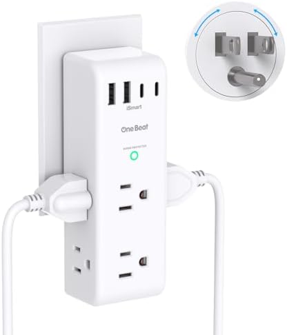 Surge Protector Outlet Extender   with Rotating Plug  6 AC Multi Plug Outlet with 4 USB Ports  2 USB C   1800J Wall Charger  3 Sided Power Strip with Spaced Outlet Splitter for Home  Office  Travel