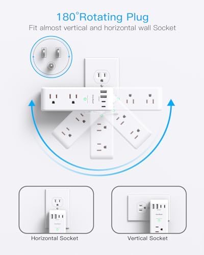 Surge Protector Outlet Extender   with Rotating Plug  6 AC Multi Plug Outlet with 4 USB Ports  2 USB C   1800J Wall Charger  3 Sided Power Strip with Spaced Outlet Splitter for Home  Office  Travel
