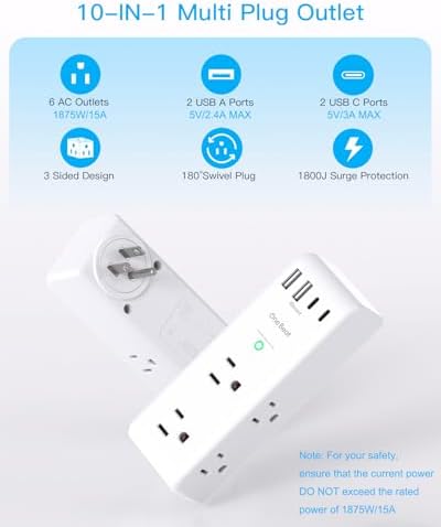 Surge Protector Outlet Extender   with Rotating Plug  6 AC Multi Plug Outlet with 4 USB Ports  2 USB C   1800J Wall Charger  3 Sided Power Strip with Spaced Outlet Splitter for Home  Office  Travel