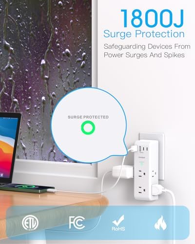 Surge Protector Outlet Extender   with Rotating Plug  6 AC Multi Plug Outlet with 4 USB Ports  2 USB C   1800J Wall Charger  3 Sided Power Strip with Spaced Outlet Splitter for Home  Office  Travel