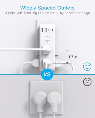 Surge Protector Outlet Extender   with Rotating Plug  6 AC Multi Plug Outlet with 4 USB Ports  2 USB C   1800J Wall Charger  3 Sided Power Strip with Spaced Outlet Splitter for Home  Office  Travel