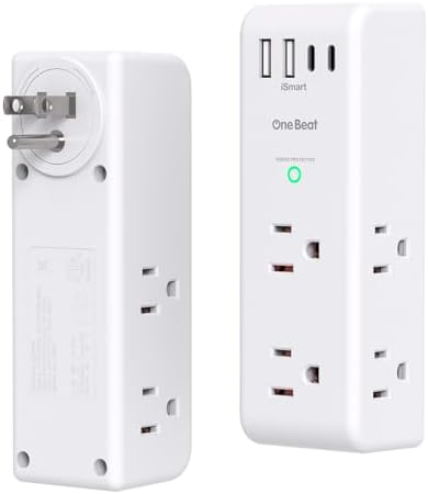 Surge Protector Outlet Extender   with Rotating Plug  6 AC Multi Plug Outlet with 4 USB Ports  2 USB C   1800J Wall Charger  3 Sided Power Strip with Spaced Outlet Splitter for Home  Office  Travel
