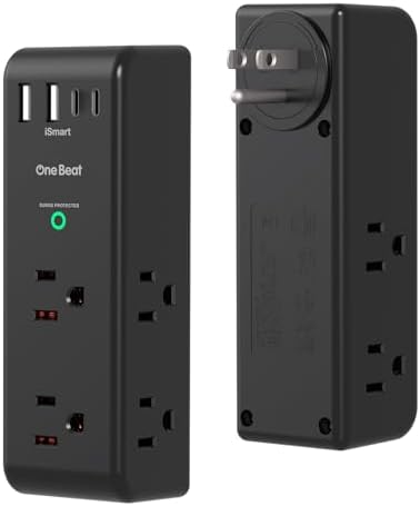Surge Protector Outlet Extender   with Rotating Plug  6 AC Multi Plug Outlet with 4 USB Ports  2 USB C   1800J Wall Charger  3 Sided Power Strip with Spaced Outlet Splitter for Home  Office  Travel