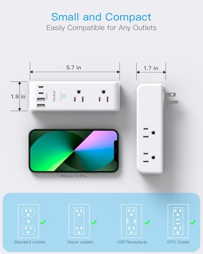 Surge Protector Outlet Extender   with Rotating Plug  6 AC Multi Plug Outlet with 4 USB Ports  2 USB C   1800J Wall Charger  3 Sided Power Strip with Spaced Outlet Splitter for Home  Office  Travel