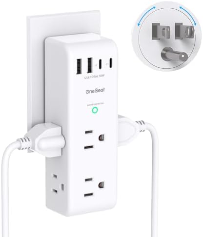 Surge Protector Outlet Extender   with Rotating Plug  6 AC Multi Plug Outlet with 4 USB Ports  2 USB C   1800J Wall Charger  3 Sided Power Strip with Spaced Outlet Splitter for Home  Office  Travel