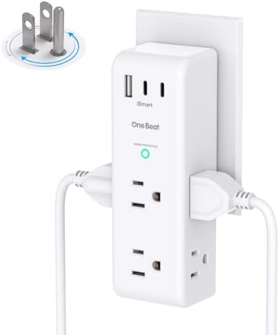 Surge Protector Outlet Extender   with Rotating Plug  6 AC Multi Plug Outlet with 4 USB Ports  2 USB C   1800J Wall Charger  3 Sided Power Strip with Spaced Outlet Splitter for Home  Office  Travel