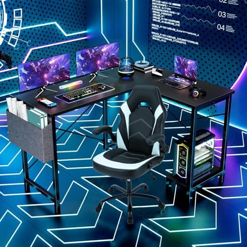 Sweetcrispy L Shaped Desk   Computer Desk Corner Desks Gaming Desk PC Table with CPU Stand Side Bag for Home Office Dorm Sturdy Writing Workstation  Black  50 Inch