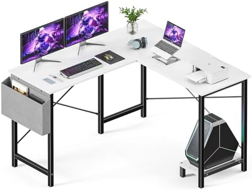 Sweetcrispy L Shaped Desk   Computer Desk Corner Desks Gaming Desk PC Table with CPU Stand Side Bag for Home Office Dorm Sturdy Writing Workstation  Black  50 Inch