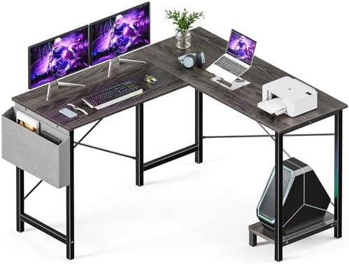 Sweetcrispy L Shaped Desk   Computer Desk Corner Desks Gaming Desk PC Table with CPU Stand Side Bag for Home Office Dorm Sturdy Writing Workstation  Black  50 Inch