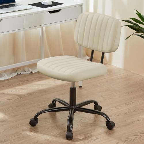 Sweetcrispy Small Office Desk Chair   Armless PU Leather with Comfy Lumbar Support  Height Adjustable Rolling Swivel Task for No Arms  for Adult  Student  Bedroom  Home  Vanity  Beige White
