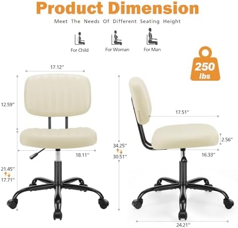 Sweetcrispy Small Office Desk Chair   Armless PU Leather with Comfy Lumbar Support  Height Adjustable Rolling Swivel Task for No Arms  for Adult  Student  Bedroom  Home  Vanity  Beige White