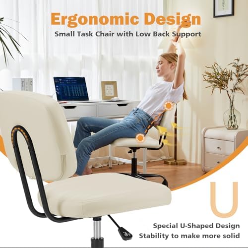Sweetcrispy Small Office Desk Chair   Armless PU Leather with Comfy Lumbar Support  Height Adjustable Rolling Swivel Task for No Arms  for Adult  Student  Bedroom  Home  Vanity  Beige White