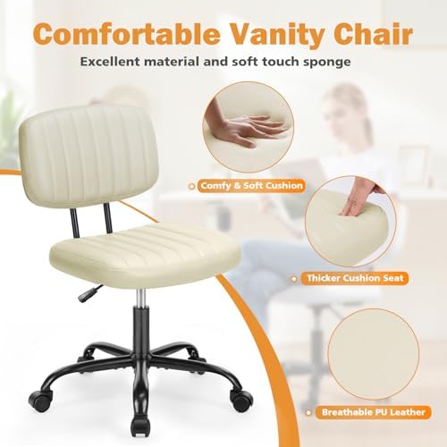 Sweetcrispy Small Office Desk Chair   Armless PU Leather with Comfy Lumbar Support  Height Adjustable Rolling Swivel Task for No Arms  for Adult  Student  Bedroom  Home  Vanity  Beige White