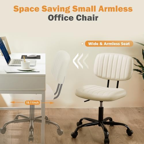 Sweetcrispy Small Office Desk Chair   Armless PU Leather with Comfy Lumbar Support  Height Adjustable Rolling Swivel Task for No Arms  for Adult  Student  Bedroom  Home  Vanity  Beige White