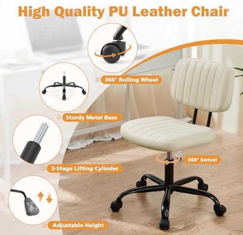 Sweetcrispy Small Office Desk Chair   Armless PU Leather with Comfy Lumbar Support  Height Adjustable Rolling Swivel Task for No Arms  for Adult  Student  Bedroom  Home  Vanity  Beige White