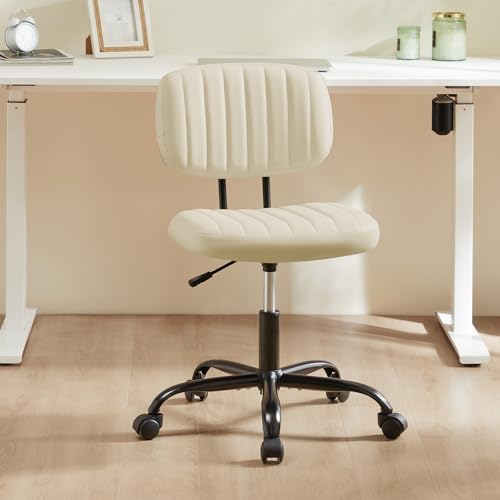 Sweetcrispy Small Office Desk Chair   Armless PU Leather with Comfy Lumbar Support  Height Adjustable Rolling Swivel Task for No Arms  for Adult  Student  Bedroom  Home  Vanity  Beige White