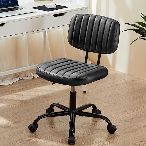 Sweetcrispy Small Office Desk Chair   Armless PU Leather with Comfy Lumbar Support  Height Adjustable Rolling Swivel Task for No Arms  for Adult  Student  Bedroom  Home  Vanity  Beige White