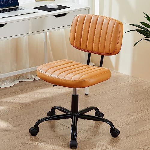 Sweetcrispy Small Office Desk Chair   Armless PU Leather with Comfy Lumbar Support  Height Adjustable Rolling Swivel Task for No Arms  for Adult  Student  Bedroom  Home  Vanity  Beige White