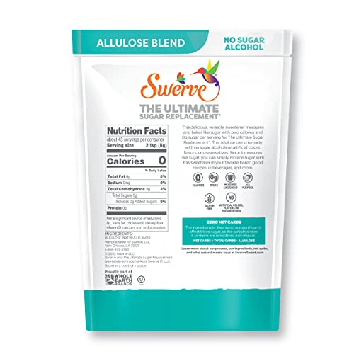 Swerve Zero Calorie Allulose Blend Granular Sugar Replacement Sweetener  No Sugar Alcohol  Keto Friendly  Erythritol Free  12 Ounce Bag   Pack of 2 