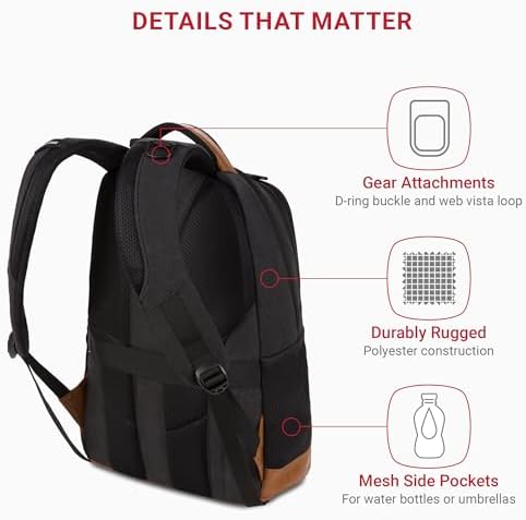 SwissGear 5505 Cecil 16  Laptop Backpack Black Canvas/Brown   Daily Laptop Bag with Gear Attachment Options   Multiple Organizer Pockets & Padded Shoulder Straps