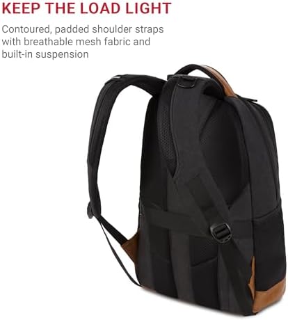 SwissGear 5505 Cecil 16  Laptop Backpack Black Canvas/Brown   Daily Laptop Bag with Gear Attachment Options   Multiple Organizer Pockets & Padded Shoulder Straps
