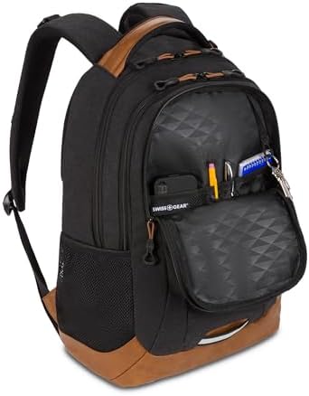 SwissGear 5505 Cecil 16  Laptop Backpack Black Canvas/Brown   Daily Laptop Bag with Gear Attachment Options   Multiple Organizer Pockets & Padded Shoulder Straps