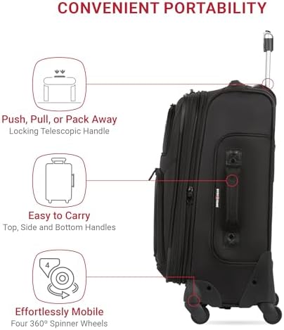 SwissGear Sion Softside Expandable Luggage   Carry On Suitcase with 360 Degree Wheels & Retractable Handle   21 Inch  Perfect for 1 3 Night Trips   Black