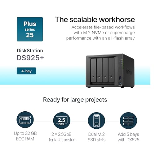 Synology DiskStation DS1821+ Carcasa NAS de 8 bahías, 8 GB DDR4 ECC RAM, 8 bahías de unidad SATA de 3.5/2.5", 2 ranuras SSD M.2 2280 NVMe, CPU AMD Ryzen V1500B de 2.2 GHz de cuatro núcleos