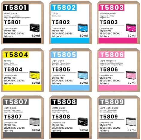 T580 Ink Cartridges 9 Pack  with Chip  Remanufactured for T5801 T5802 T5803 T5804 T5805 T5806 T5807 T5808 T5809 Ink Set 80ML Replacement for Stylus Pro 3800 3880 3800C Printer Ink  9 Pack 