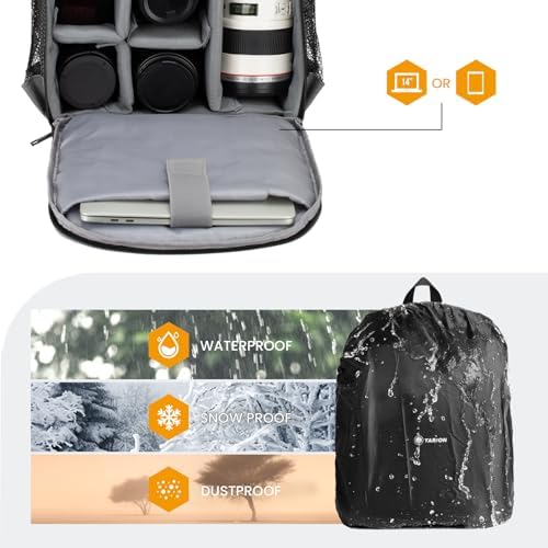 TARION Camera Backpack Bag Small   Professional DSLR Photography Case with 13 inch Laptop Compartment & Waterproof Rain Cover & Bottom Tripod Holder for Men Women Photographers   Black TB S