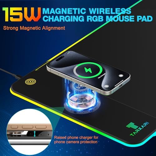 TARKARI Magnetic Wireless Charging RGB Mouse Pad  Large Gaming Desk Mat Waterproof  31 5x15 8 Black Mousepad  Ultra Smooth Surface  Non Slip Rubber Base  Desk Pad for Keyboard Laptop