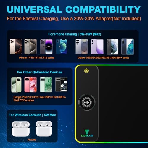 TARKARI Magnetic Wireless Charging RGB Mouse Pad  Large Gaming Desk Mat Waterproof  31 5x15 8 Black Mousepad  Ultra Smooth Surface  Non Slip Rubber Base  Desk Pad for Keyboard Laptop