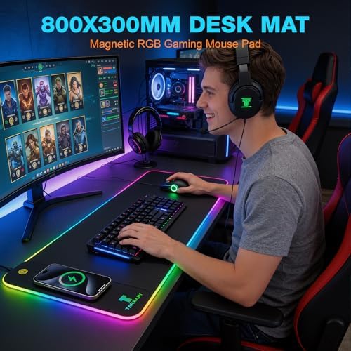 TARKARI Magnetic Wireless Charging RGB Mouse Pad  Large Gaming Desk Mat Waterproof  31 5x15 8 Black Mousepad  Ultra Smooth Surface  Non Slip Rubber Base  Desk Pad for Keyboard Laptop