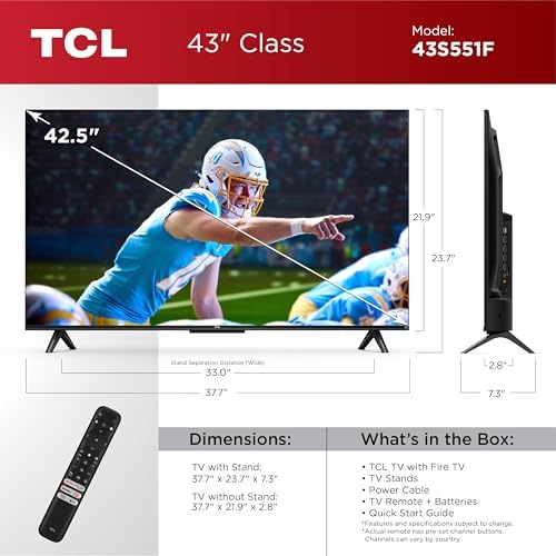 TCL 43 Inch Class S5 UHD 4K LED Smart TV with Fire TV  43S551F  2024 Model   Dolby Vision  HDR PRO   Dolby Atmos  Alexa Built in with Voice Remote  Apple AirPlay 2 Compatibility  Streaming Television