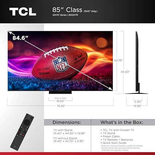 TCL 55 Inch Class QM7K Series   Mini LED QLED 4K HDR   55QM7K  2025 Model   120HZ 144HZ Anti Reflective Screen Smart Google TV Dolby Atmos Onkyo Audio   Voice Remote Alexa Gaming Streaming Television