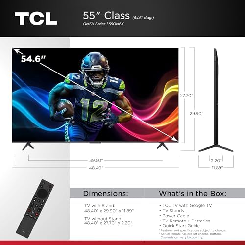 TCL 55 Inch Class QM6K Series   Mini LED QLED 4K HDR   55QM6K  2025 Model   120HZ 144HZ High Brightness Smart Google TV Dolby Atmos Onkyo Audio   Voice Remote Alexa Gaming Streaming Television
