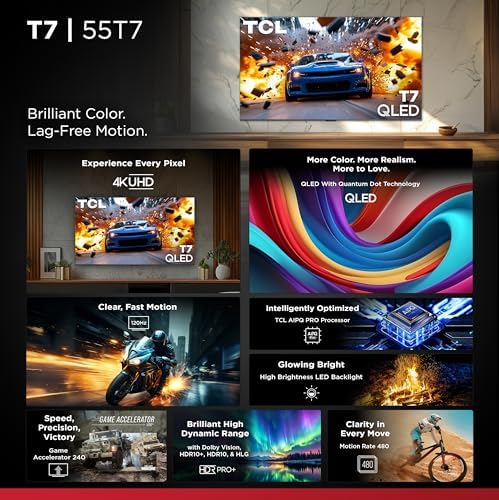 TCL 55 Inch Class T7 Series   4K QLED HDR   55T7  2025 Model   120HZ Refresh Rate High Brightness Smart Google TV Dolby Atmos Audio   Voice Remote Alexa Gaming Streaming Television