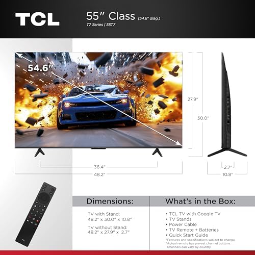 TCL 55 Inch Class T7 Series   4K QLED HDR   55T7  2025 Model   120HZ Refresh Rate High Brightness Smart Google TV Dolby Atmos Audio   Voice Remote Alexa Gaming Streaming Television