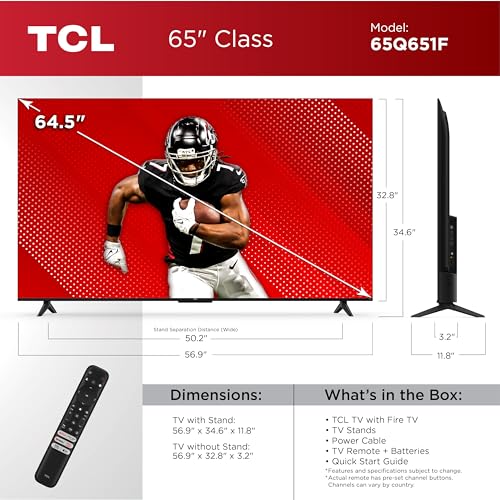 TCL 65 Inch Class Q65 QLED 4K Smart TV with Fire TV 65Q651F 2024 Model Dolby Vision HDR PRO Dolby Atmos Alexa Built in with Voice Remote Apple AirPlay 2 Compatibility Streaming Television