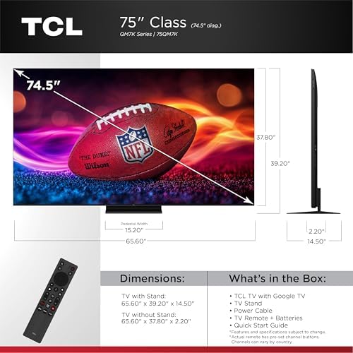TCL 75 Inch Class QM7K Series   Mini LED QLED 4K HDR   75QM7K  2025 Model   120HZ 144HZ Anti Reflective Screen Smart Google TV Dolby Atmos Onkyo Audio   Voice Remote Alexa Gaming Streaming Television
