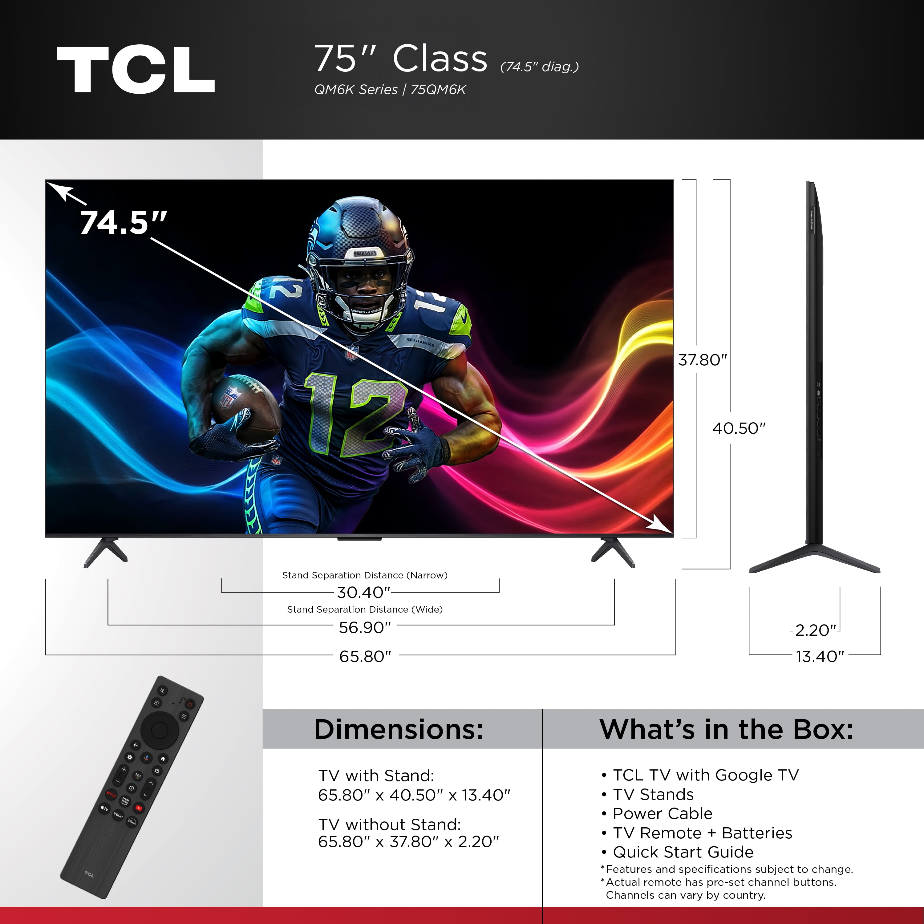 TCL 75" QM6K Serie QD-Mini LED QLED 4K UHD Smart TV con Google TV (Nuevo 2025) 75QM6K