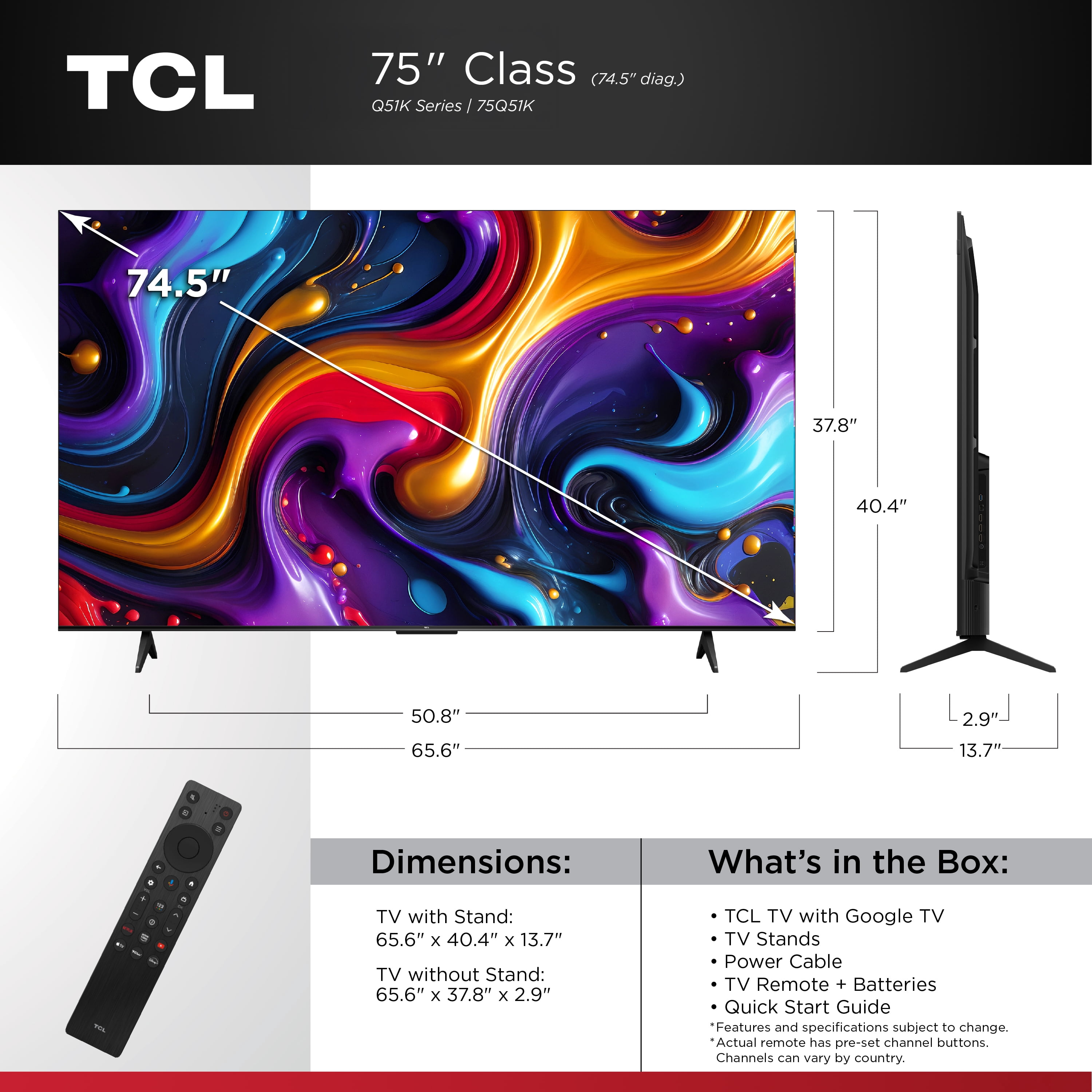 TCL 75" Q Series QLED 4K UHD HDR Smart Google TV  NEW 2025    Dolby Vision  Dolby Atmos  Motion Rate 240  HDR 10   Auto Game Mode   75Q51K